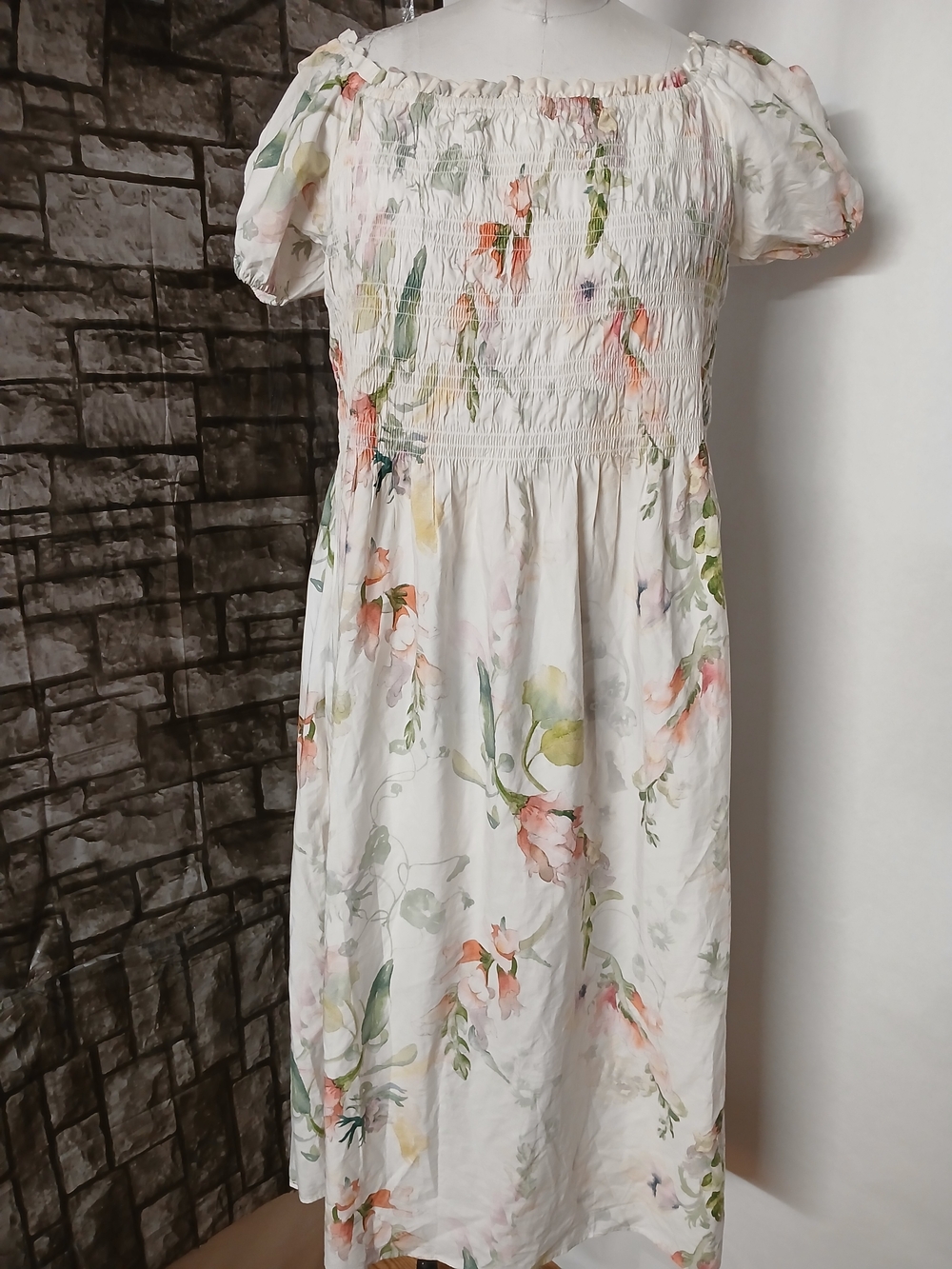 H&M White Floral Maxi Dress with Green and Peach Details